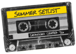 Cassette with yellow banner at the top has black ink writing that reads: "Summer Setlist." The Villages Entertainment logo appears in the bottom left corner in a black square. The rest of the sticker on the cassette is gray with black lines. A black banner on the bottom right has white ink writing on it that reads: "Savannah Center '26."