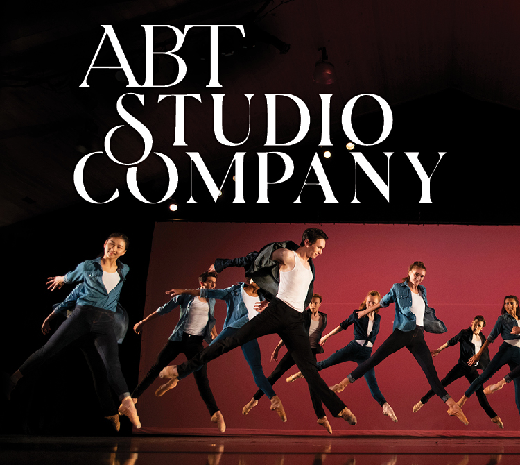 Promotional graphic reading “ABT Studio Company,” featuring multiple dancers captured midair in coordinated movement on a stage, with dramatic lighting and a red backdrop behind them.