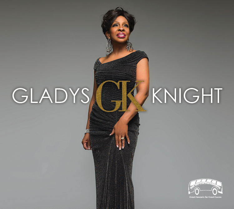 A promotional image with the name “Gladys Knight” displayed across the center, with large gold initials “GK” displayed in between the two names. A performer stands in the center wearing a textured, floor-length black gown and jewelry, posed against a smooth gray gradient background. A small “Get Off The Bus Concerts - Great Concerts for Great Causes” logo appears in the lower right corner.
