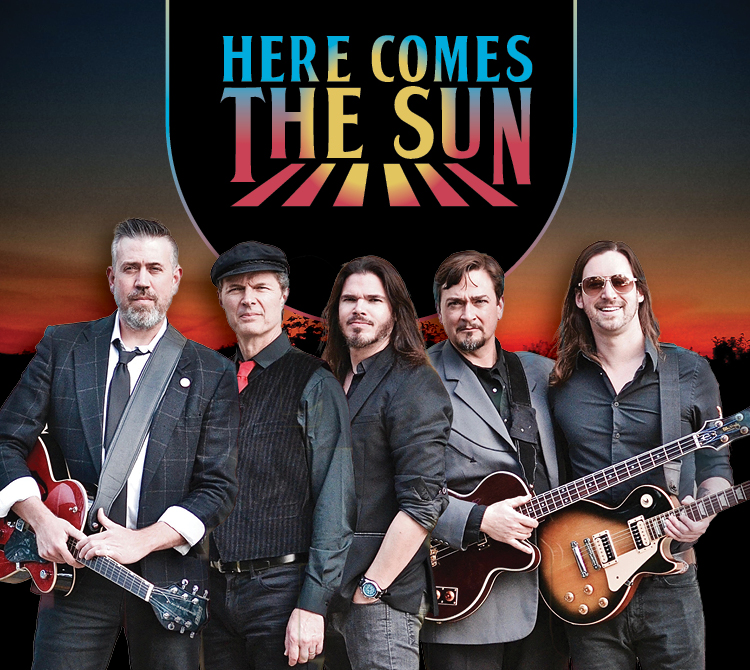 Promotional image reading “Here Comes the Sun,” showing five musicians standing side by side holding guitars against a sunset-toned background.