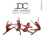 Promotional image for Jon Lehrer Dance Company showing four dancers in midair poses against a white background, with the company logo above.