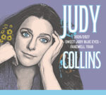 A promotional graphic for “Judy Collins 2026/2027 Sweet Judy Blue Eyes – Farewell Tour.” The image features a stylized, halftone-style illustrated portrait of a person resting their face on both hands, with small yellow flowers in their right hand, against a lavender background. Large light-blue text on the right reads “JUDY COLLINS,” with smaller text between the name reading “2026/2027 Sweet Judy Blue Eyes – Farewell Tour.”