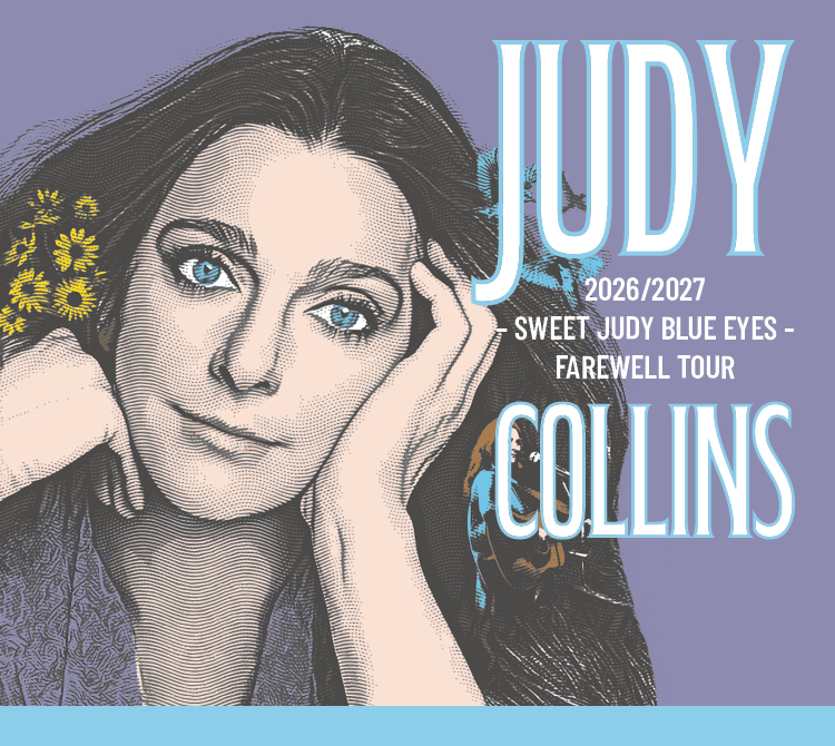 A promotional graphic for “Judy Collins 2026/2027 Sweet Judy Blue Eyes – Farewell Tour.” The image features a stylized, halftone-style illustrated portrait of a person resting their face on both hands, with small yellow flowers in their right hand, against a lavender background. Large light-blue text on the right reads “JUDY COLLINS,” with smaller text between the name reading “2026/2027 Sweet Judy Blue Eyes – Farewell Tour.”