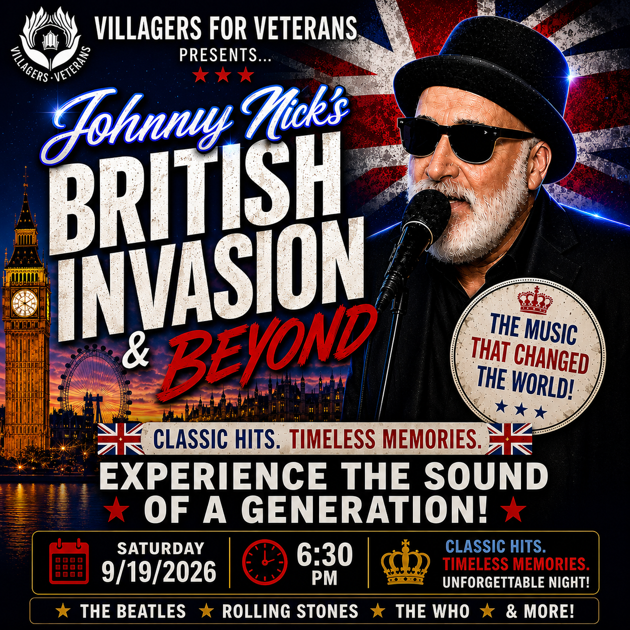 Promotional poster for Johnny Nick’s British Invasion and Beyond. A performer wearing a hat and sun glasses is singing into a microphone. Behind him is the Union Jack and an England skyline. The title and performance details are written on the image.