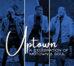 A promotional image for “Uptown: A Celebration of Motown & Soul.” The image is divided into three vertical panels, each showing a performer onstage holding a microphone. The figures are rendered in deep blue tones against a dark background. Large script-style text reading “Uptown” appears across the lower left, with the subtitle “A Celebration of Motown & Soul” beneath it.