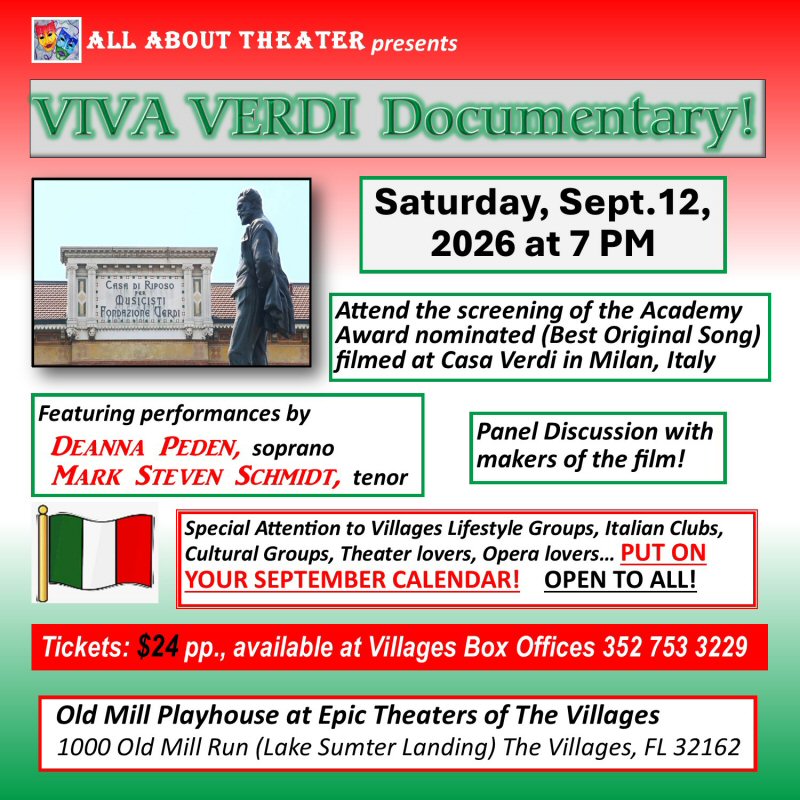 Promotional poster for The Music Lives On: A Screening of Viva Verdi! A statue is pictured in front of monument. Information about the performance is written on the image.