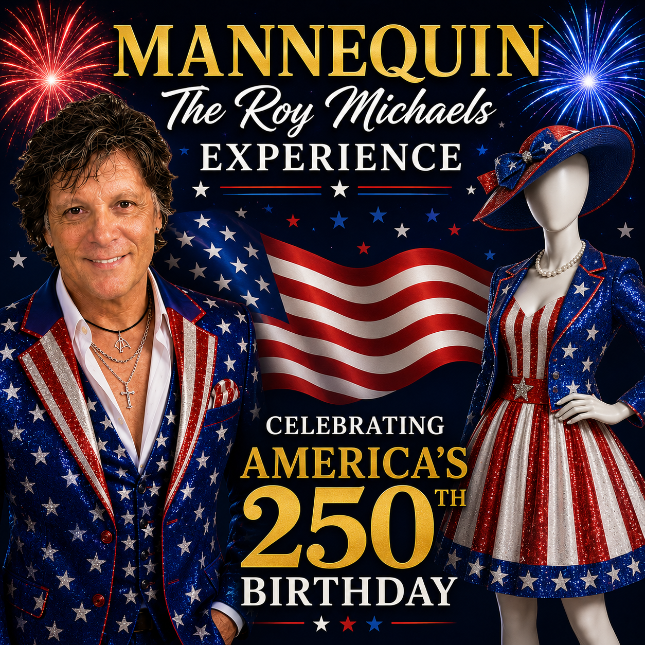 Promotional flyer for Mannequin, The Roy Michaels Experience, Celebrating Freedom. A man is pictured to the left of the image, smiling and decked in patriotic clothing. To the left is a mannequin wearing a red and white stripped dress and other patriotic accessories. In between them is the American flag. The top of the image has the title surrounded by fireworks. The bottom of the images says "Celebrating America's 250th Birthday."
