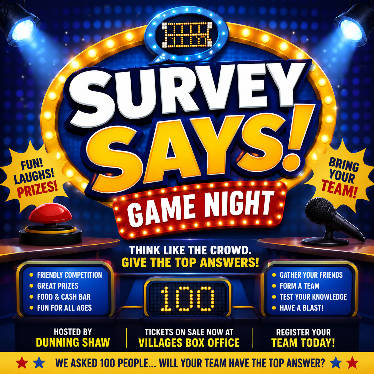 Promotional poster for "Survey Says!" The background is a game show setting with a buzzer and a microphone.