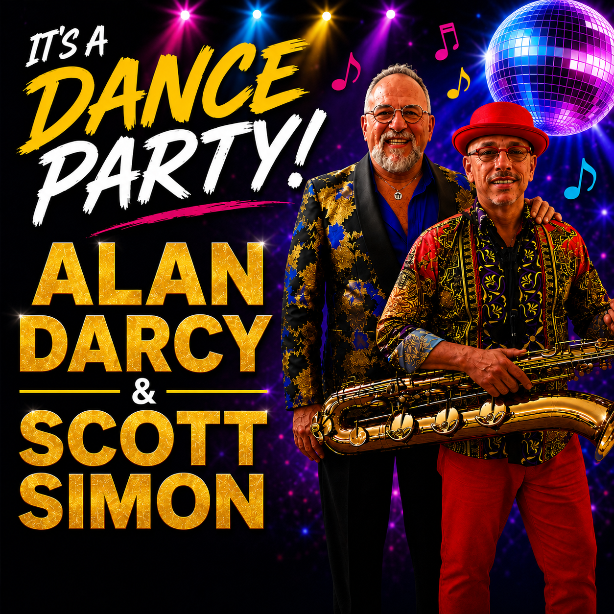 Promotional poster for It’s A Dance Party With Scott Simon & Alan Darcy. Two men are pictured in party outfits to the right of the image. A disco ball and strobe lights are above them and they are surrounded by colorful music notes. The title is written to the left of them in white and yellow.