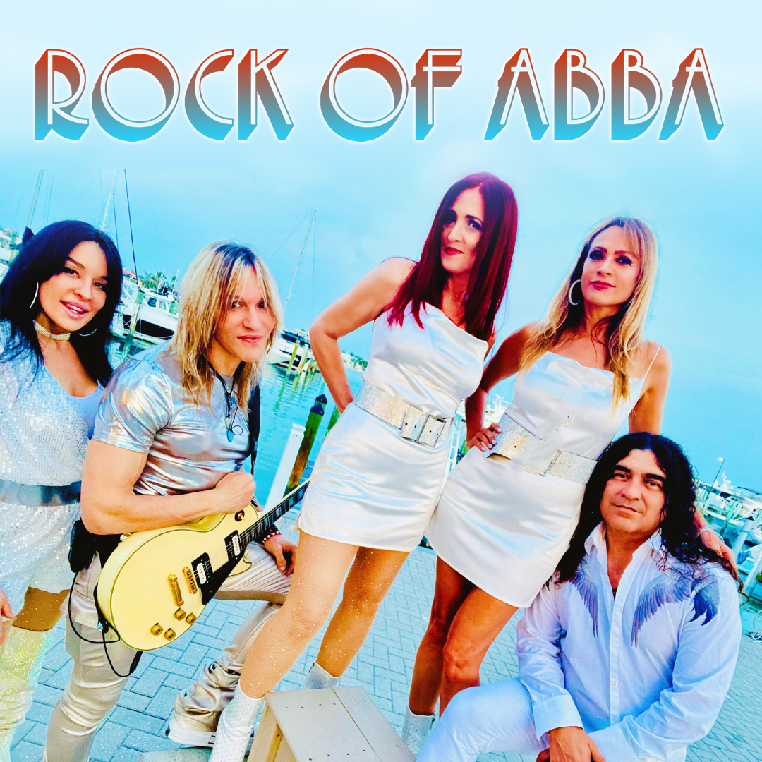 Promotional poster for Rock of ABBA - The Live Celebration. 5 band members are posing in front of water with boats docked around them. The title is written above them.