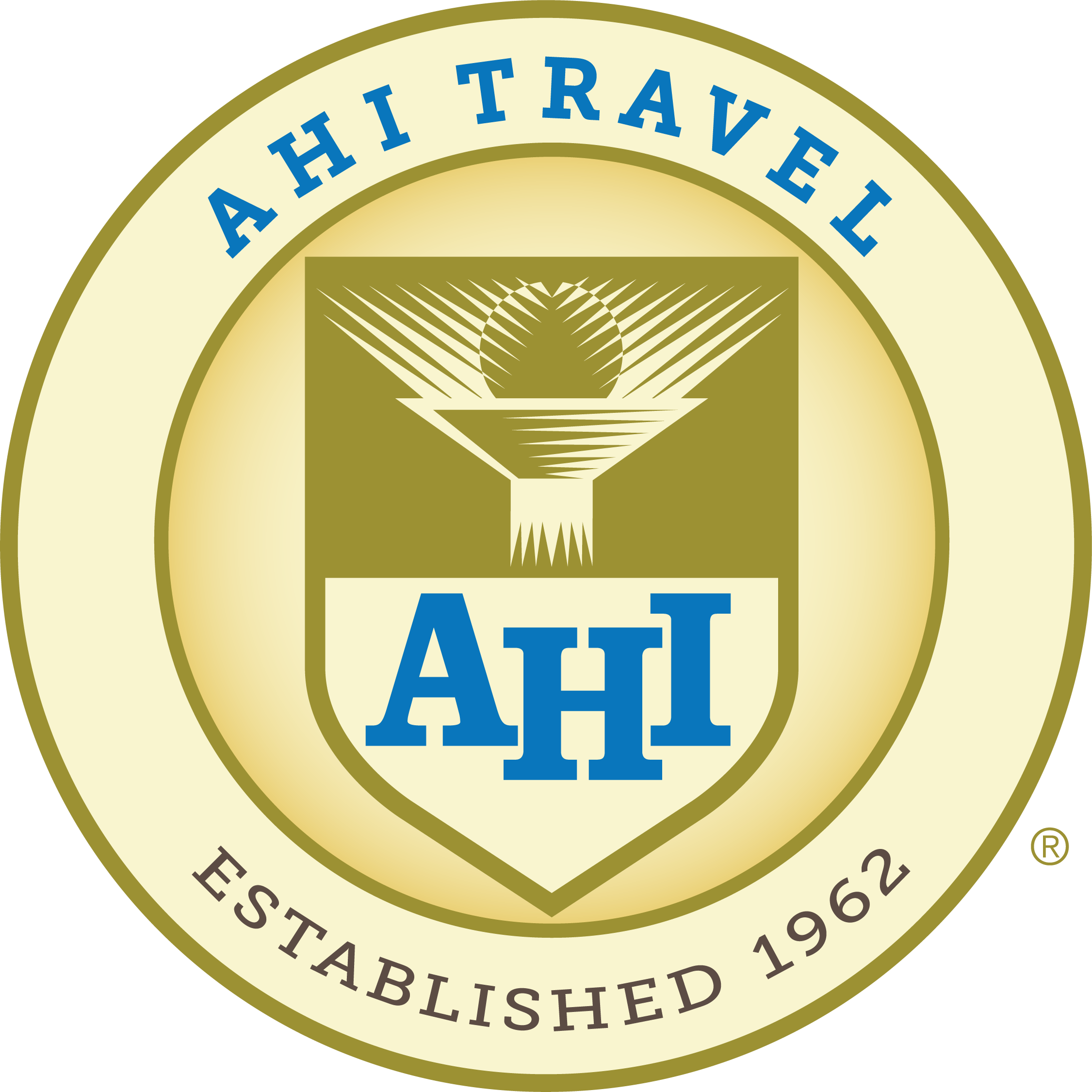 Logo for A.H.I. Travel includes a gold gradient seal with an outer circle reading "AHI Travel" in blue at the top and "Established 1962" in gray at the bottom. The inner circle contains a globe on a pedestal with the letters AHI below it in blue.