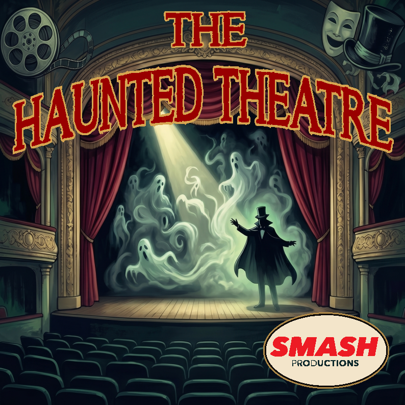 Promotional poster for The Haunted Theatre: The Magic, Mystery and Music from Broadway to Hollywood. A man wearing a top hat and cloak is standing on a theatre stage with ghosts swirling on stage behind him.