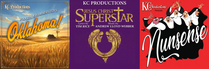 Banner including poster for three productions: Oklahoma!, Jesus Christ Superstar, Nunsense