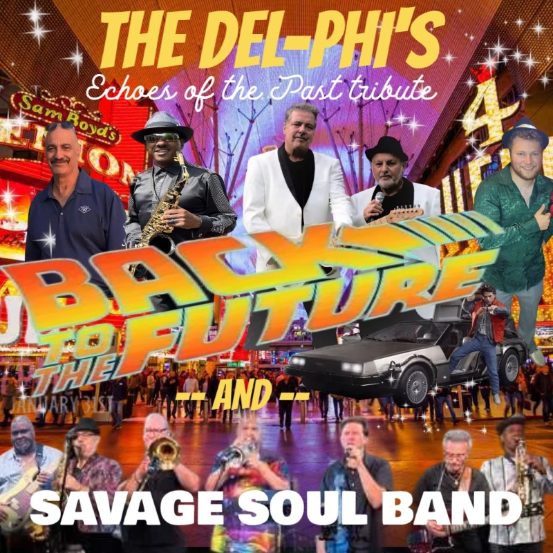 Promotional poster for THE DEL-PHI'S Echoes of the Past Tribute. Pictures of band members are overlaying an image of a crowded area with orange and pink lights.