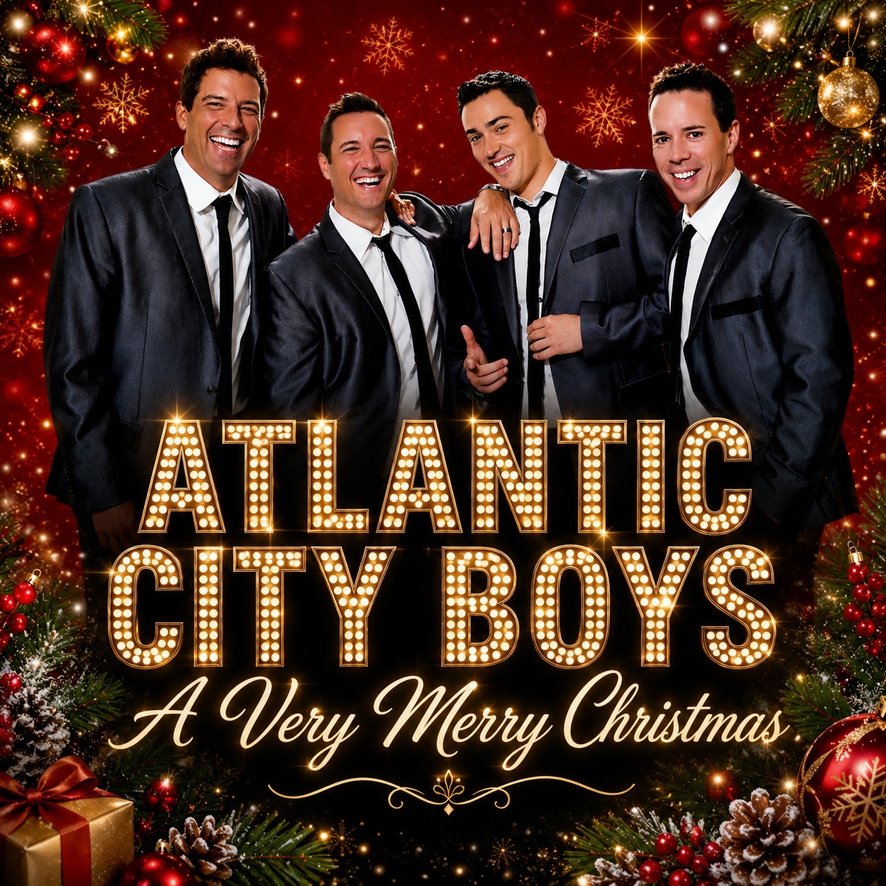 Promotional poster for Christmas With The Atlantic City Boys. 4 performers are pictured smiling wearing suits. Behind them is a Christmas background with gold sparkles and snowflakes, as well as Christmas tree branches and ornaments. In the middle of the image it reads "Atlantic City Boys, A Very Merry Christmas."