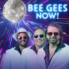Promotional poster for Bee Gees Now! 3 men are pictured wearing suits and sunglasses in front of a disco ball with neon lights illuminating it.