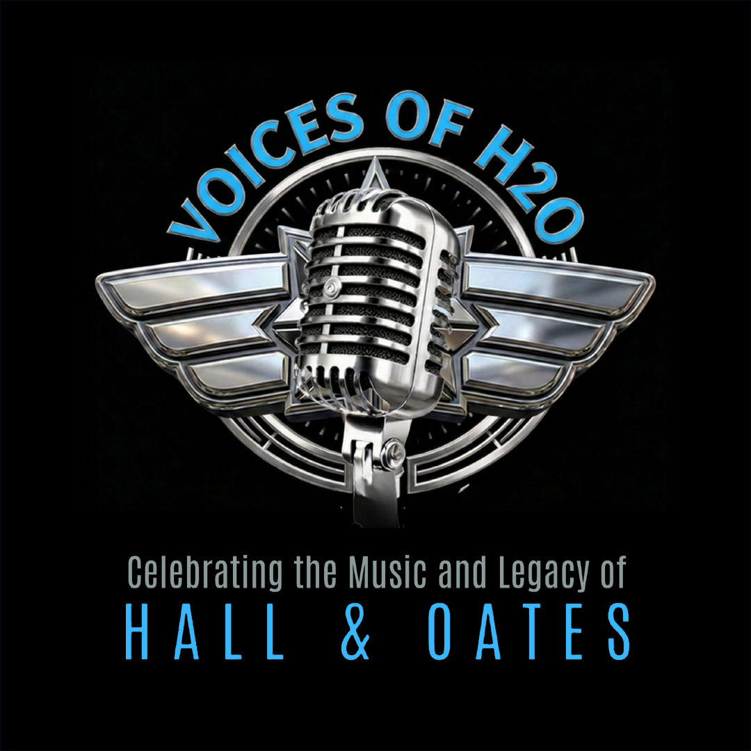 Promotional poster for Voices Of H2O - Celebrating The Music and Legacy of Hall & Oates. A metallic microphone is centered over a black background, overlaying a metallic circle. Curved over the top of the circle in blue it reads "Voices of H20." Below the microphone it reads "Celebrating the Music and Legacy of Hall & Oates."