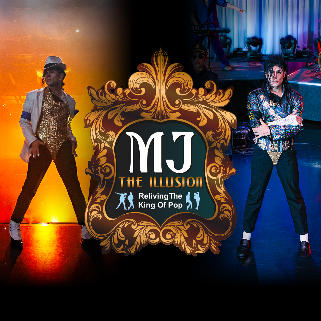 Promotional poster for MJ THE ILLUSION: Reliving The King Of Pop. 2 images of a performer are on either side of a logo in the middle of the image that contains the title.