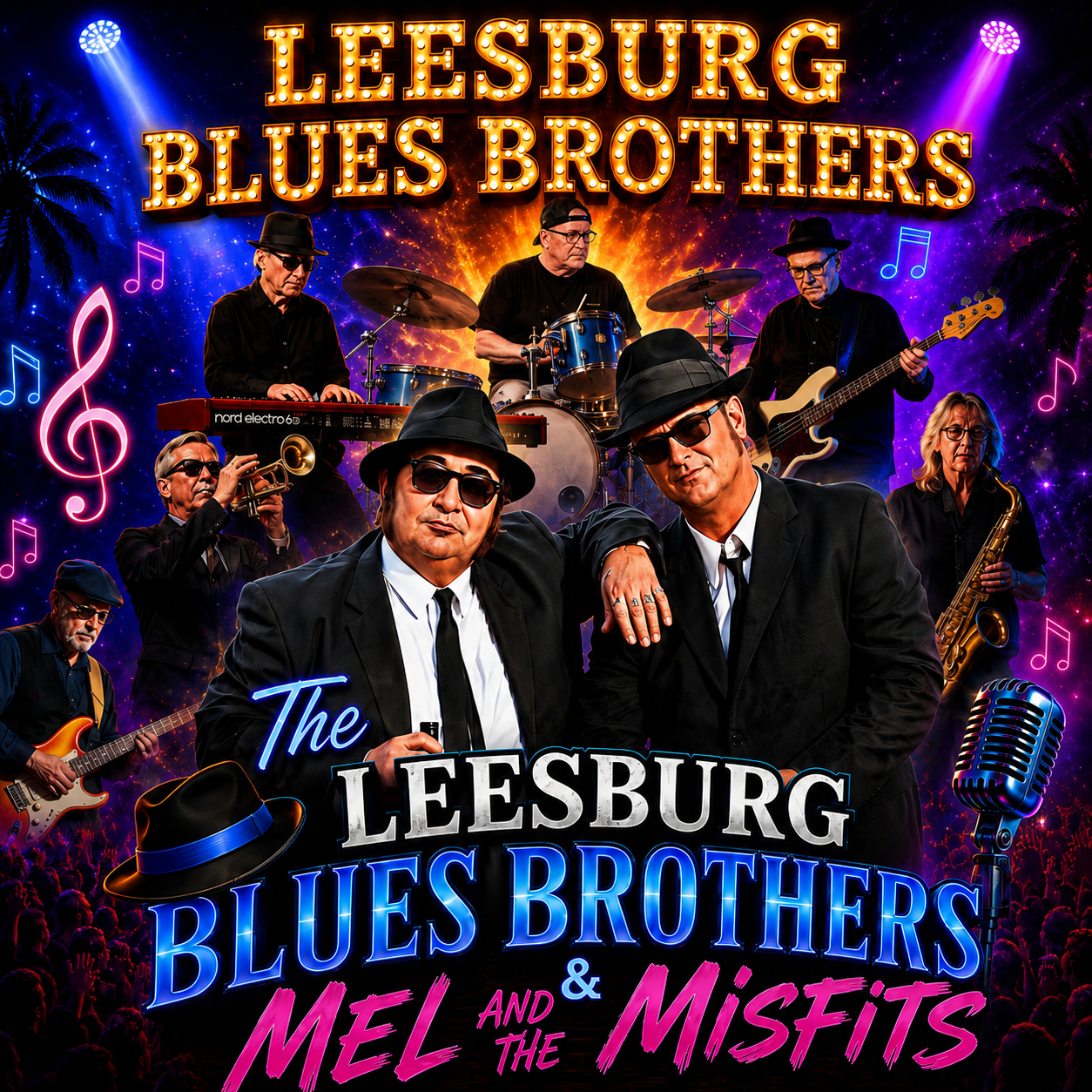 Promotional poster for Leesburg Blues Brothers With Mel & The Misfits. 8 performers are seen on the image. The background includes numerous neon music notes and it appears to resemble a galaxy. At the top of the image it reads "Leesburg Blues Brothers," and at the bottom of the image is the title.