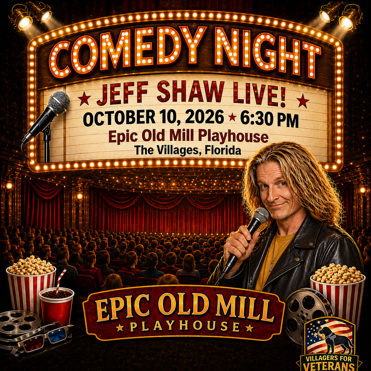 Promotional poster for Jeff Shaw Live! Pictured is a performer holding a mic in front of an auditorium of people looking ahead to a red show curtain surrounded by sparkly stage lights. A movie theatre display reads "Comedy night" at the top and below that reads "Jeff Shaw Live! October 10, 2026, 6:30 PM, Epic Old Mill Playhouse, The Villages, Florida." The bottom of the image says "Old Mill Playhouse," with buckets of popcorn and movie items next to it. In the bottom right corner is the Villagers For Veterans logo with a dog standing in front of an American Flag.