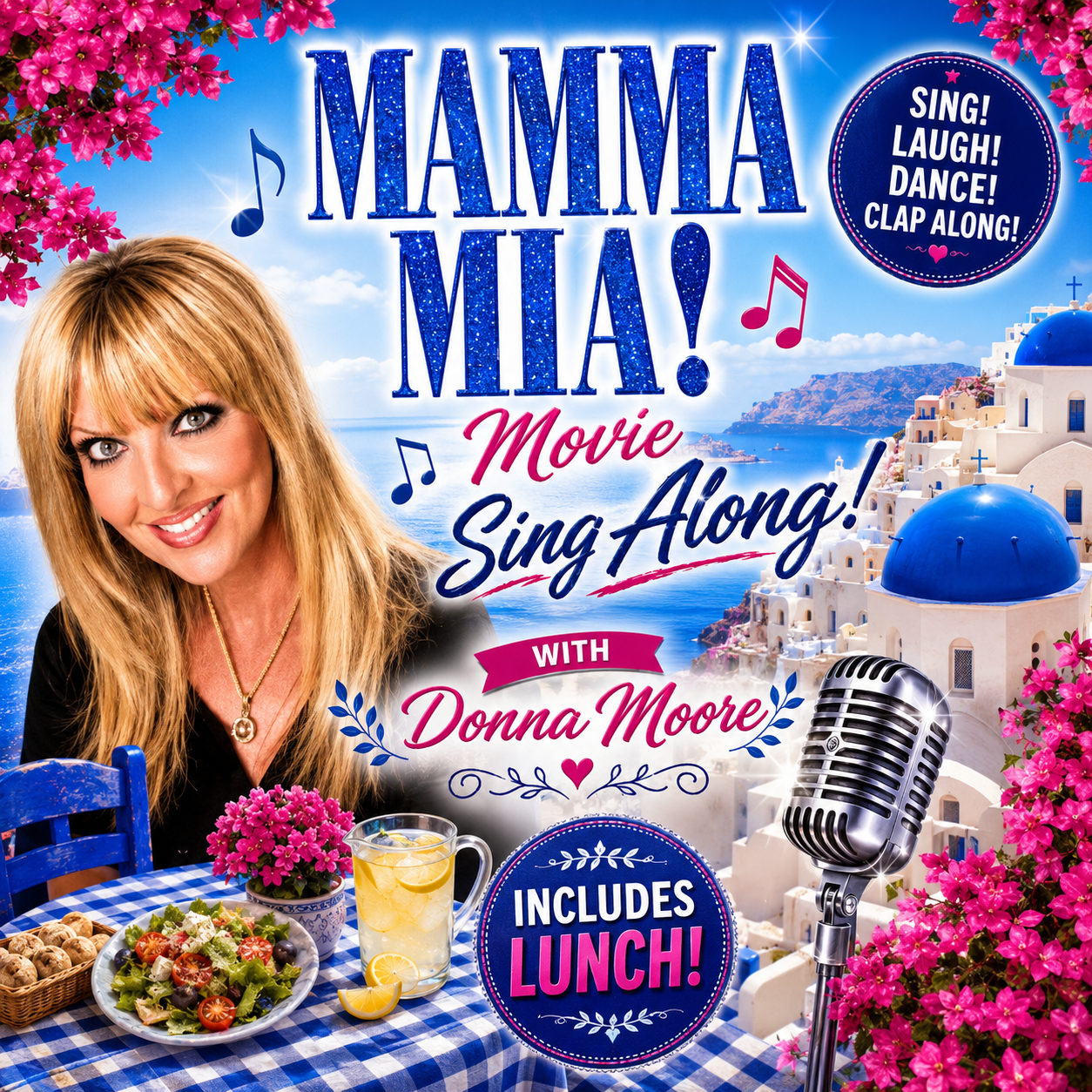 Promotional poster for Mama Mia Movie Singalong. A picture of a performer is overlaying a background that appears to be an ocean view of Greece. A picnic table with food and drinks is in front of her. The title is in the middle and below it reads "With Donna Moore" and "includes lunch." In the top right corner it says "Sing! Laugh! Dance! Clap Along!"