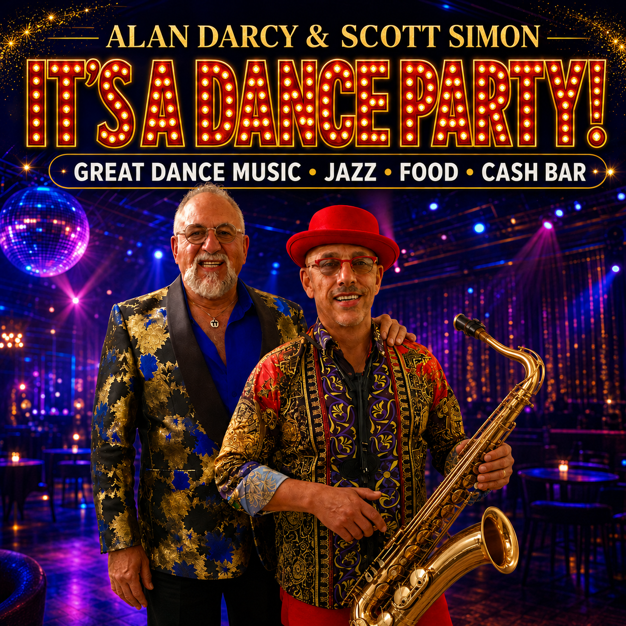 Promotional poster for It's A Dance Party at Playhouse Performances. Two performers are pictured smiling and wearing cool suit jackets. Behind them is a pink and blue neon dance floor with a disco ball to the left. The title is above them.