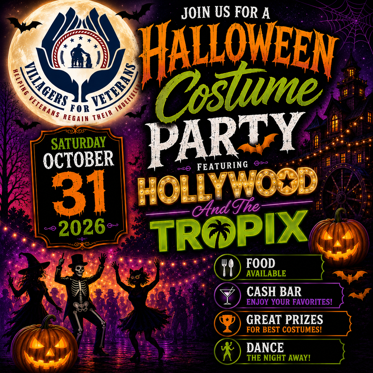 Promotional poster for Halloween Dance Party. The background is an orange, purple, and black Halloween night scene. Jack-o-latterns are seen through out the image, along with bats and trees. Information for the show, along with the title, is written on the image.