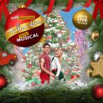 Promotional poster for The Unauthorized Hallmark(ish) Parody Musical. Two performers are pictured in front of a Christmas tree, smiling excitedly at the camera. The background includes a large, decorated Christmas tree in the center, surrounded by brick apartment buldings. A border designed to look like a holiday wreath surrounds the image. The title is written on a red ornament in the top left corner, with a smaller, gold ornament in the top right corner that reads: "Live On Stage."