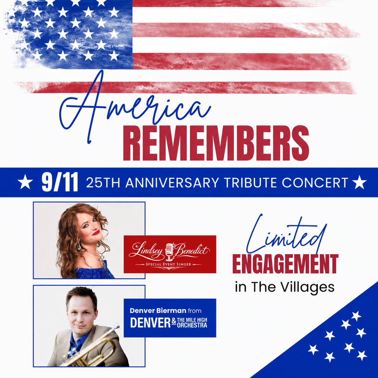 Promotional poster for America Remembers - A Tribute to 9/11. The top of the image is an American flag. Below the flag is the title. 2 square boxes with a picture of a man and woman smiling are below the title.
