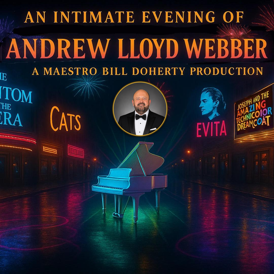 A city street is illuminated by brightly colored billboards. A piano is illuminated blue in the center of the image. Underneath the title at the top it reads "A Maestro Bill Doherty Production," with a small circular image of him below it. Behind the title is bright colored fireworks.