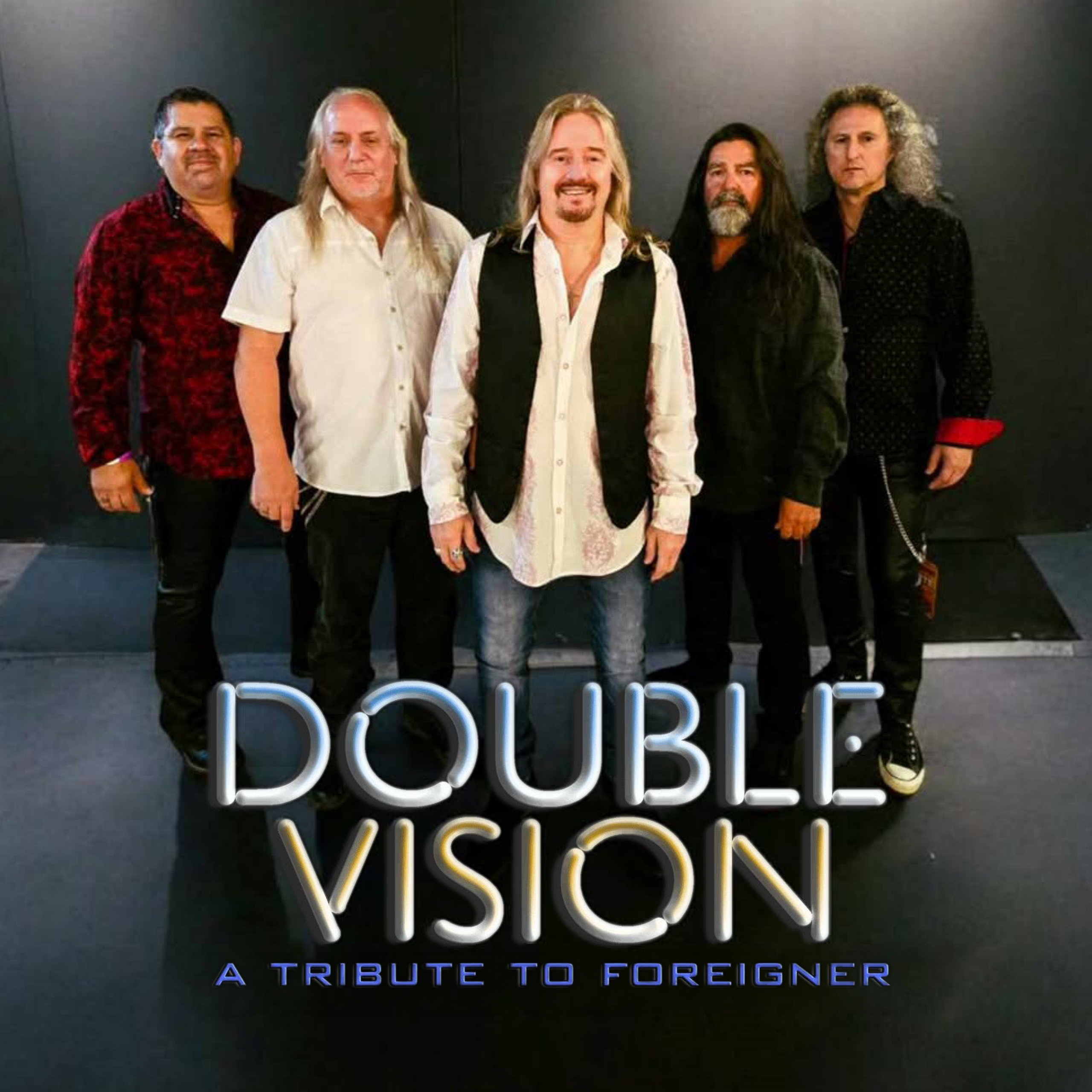 Promotional poster for DOUBLE VISION HTX - Foreigner Tribute. 5 band members are pictured standing in front of a gray background. The title is written below them.