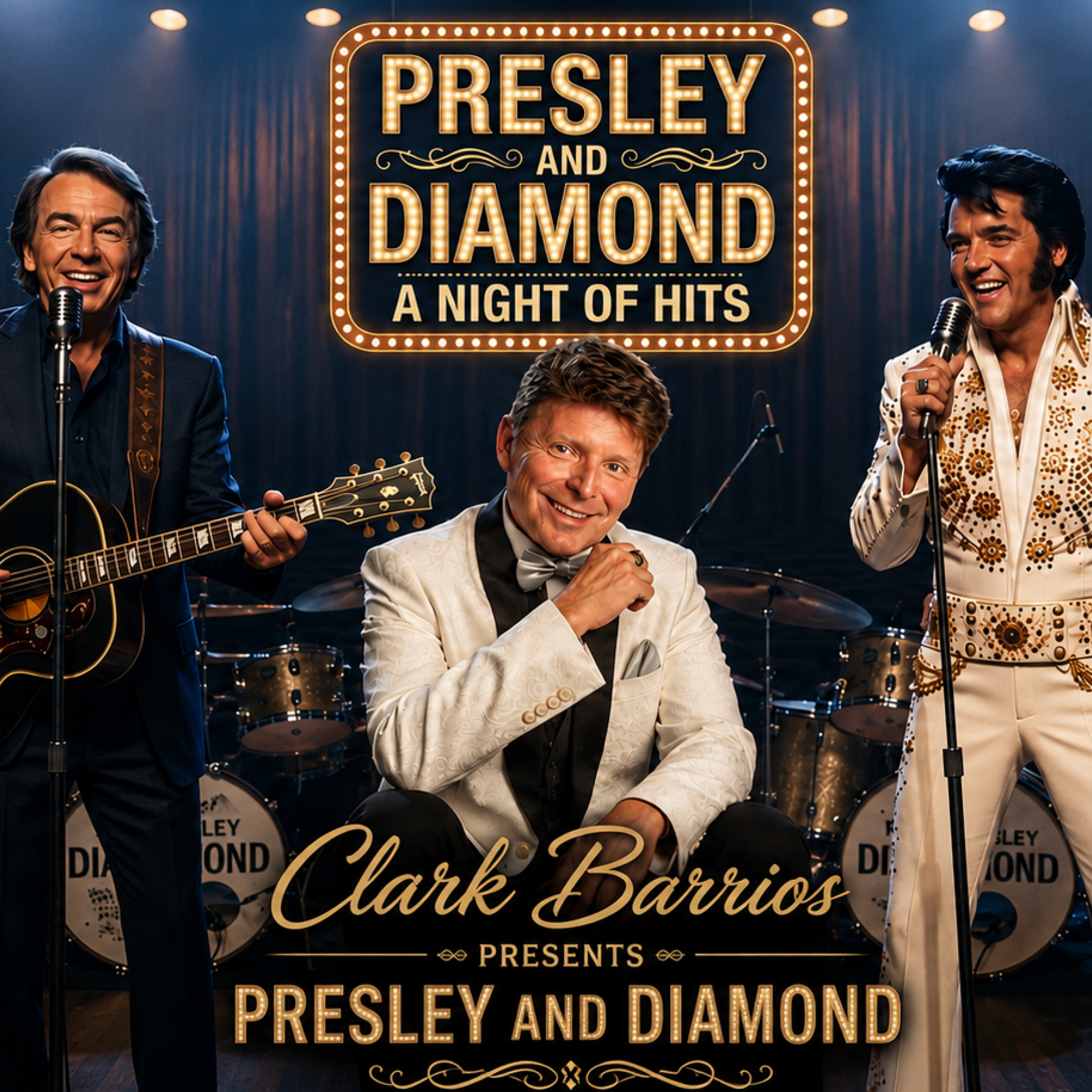 Promotional poster for Presley and Diamond: A Night of Hits. Pictured are three smiling performers dressed in formal outfits. The performer on the right is dressed to impersonate Elvis Presley. Behind the performers is a set of drums. At the bottom of the image it reads "Clark Barrios Presents Presley and Diamond." At the top of the image is the title presented like a movie title.