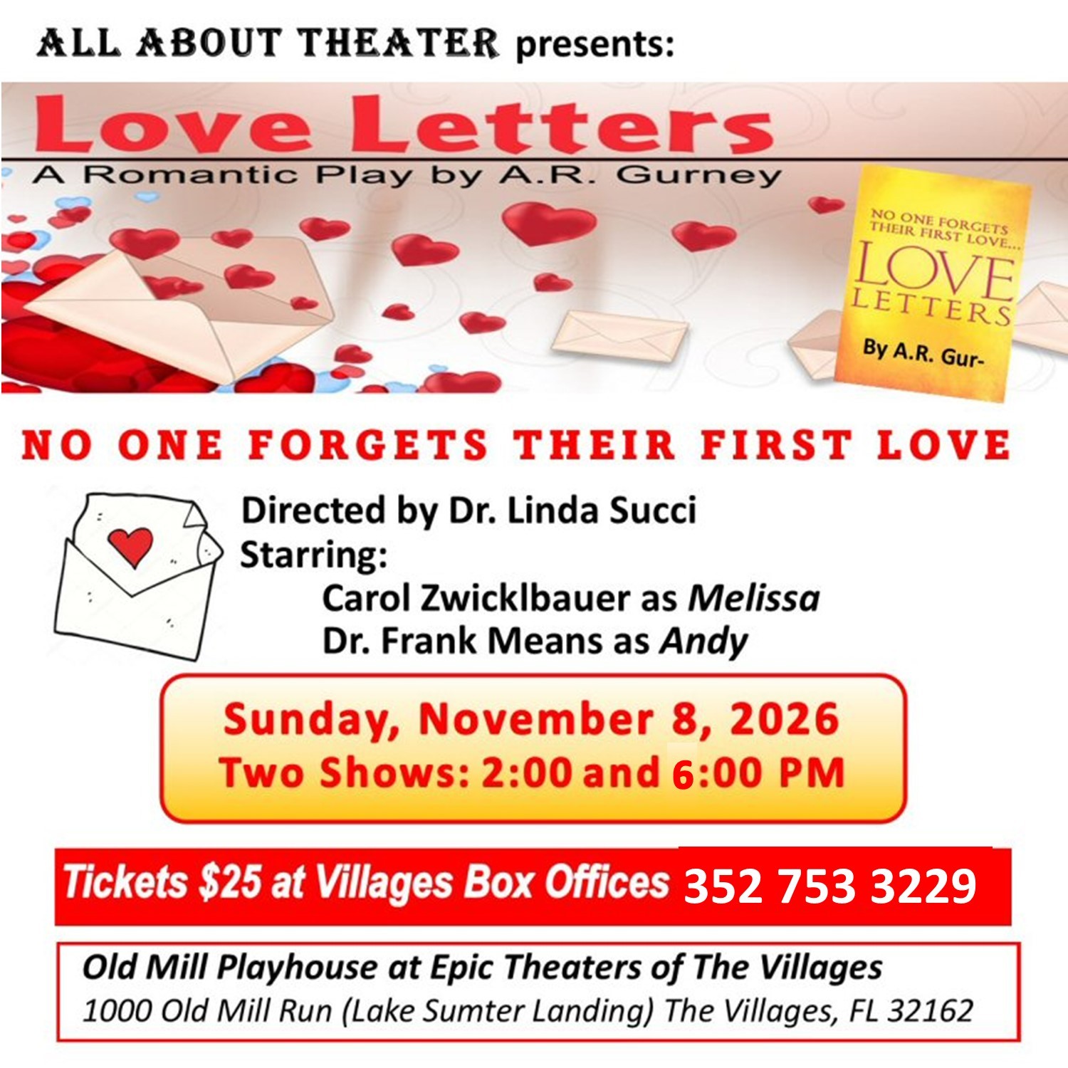 Promotional poster for Love Letters at Playhouse Performances. Pictured are multiple red hearts and letters.