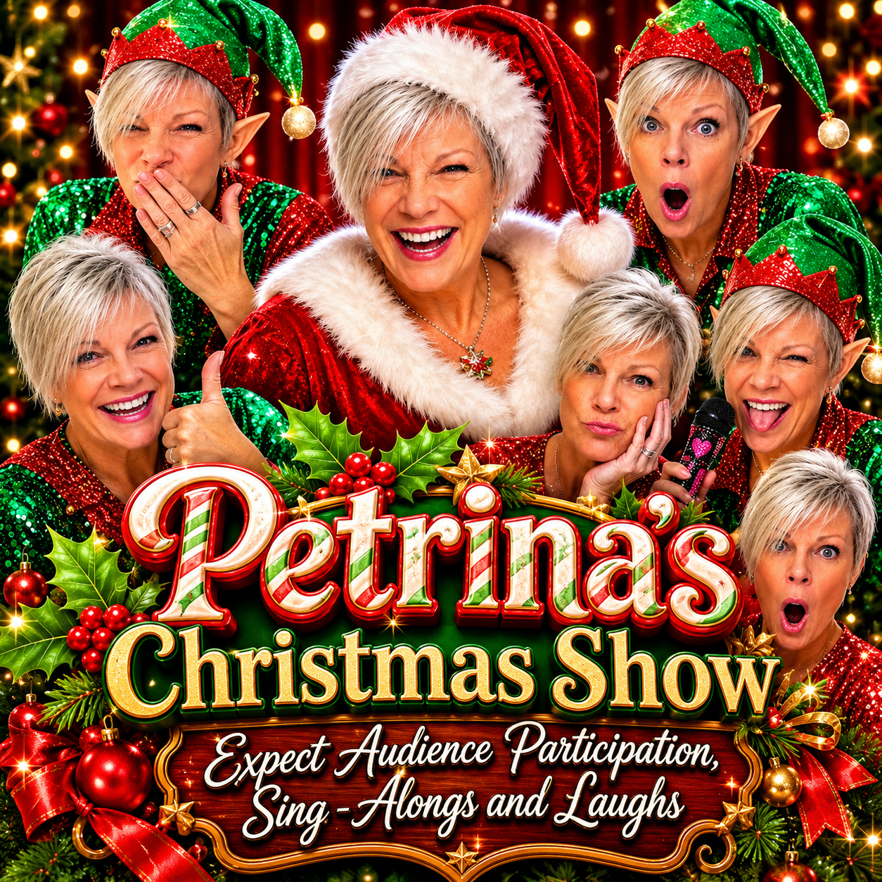 Promotional poster for Petrina's Christmas Show at Playhouse Performances. Pictured are multiple elf versions of Petrina. It reads "Petrina's Christmas Show... Expect Audience Participation. Sing-Alongs, and Laughs."