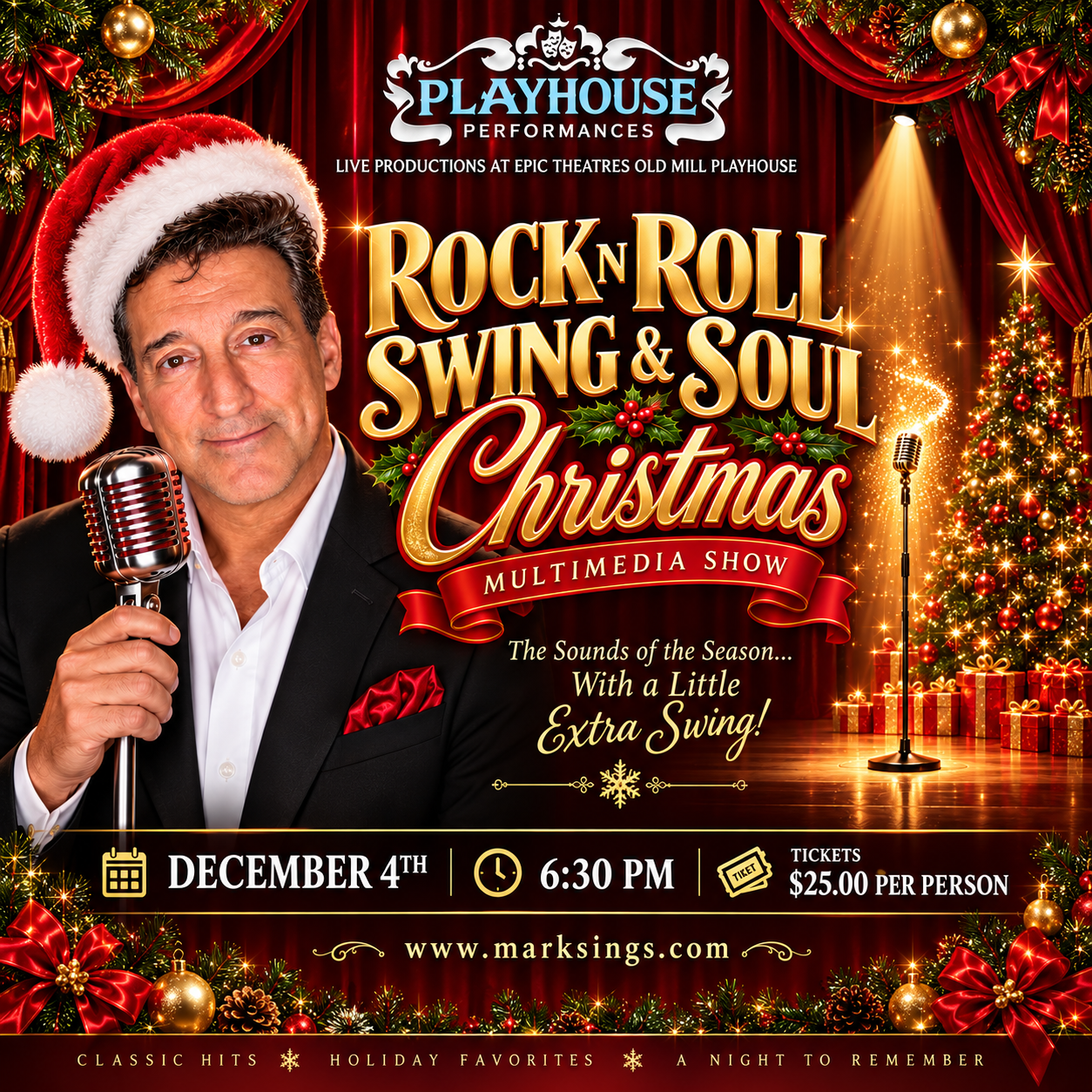 Promotional poster for Rock n' Roll Swing & Soul Show Christmas. Pictured is a man wearing wearing a Santa hat holding a microphone in front of a festive background. It reads "Rock n' Roll Swing & Soul Show. Christmas"