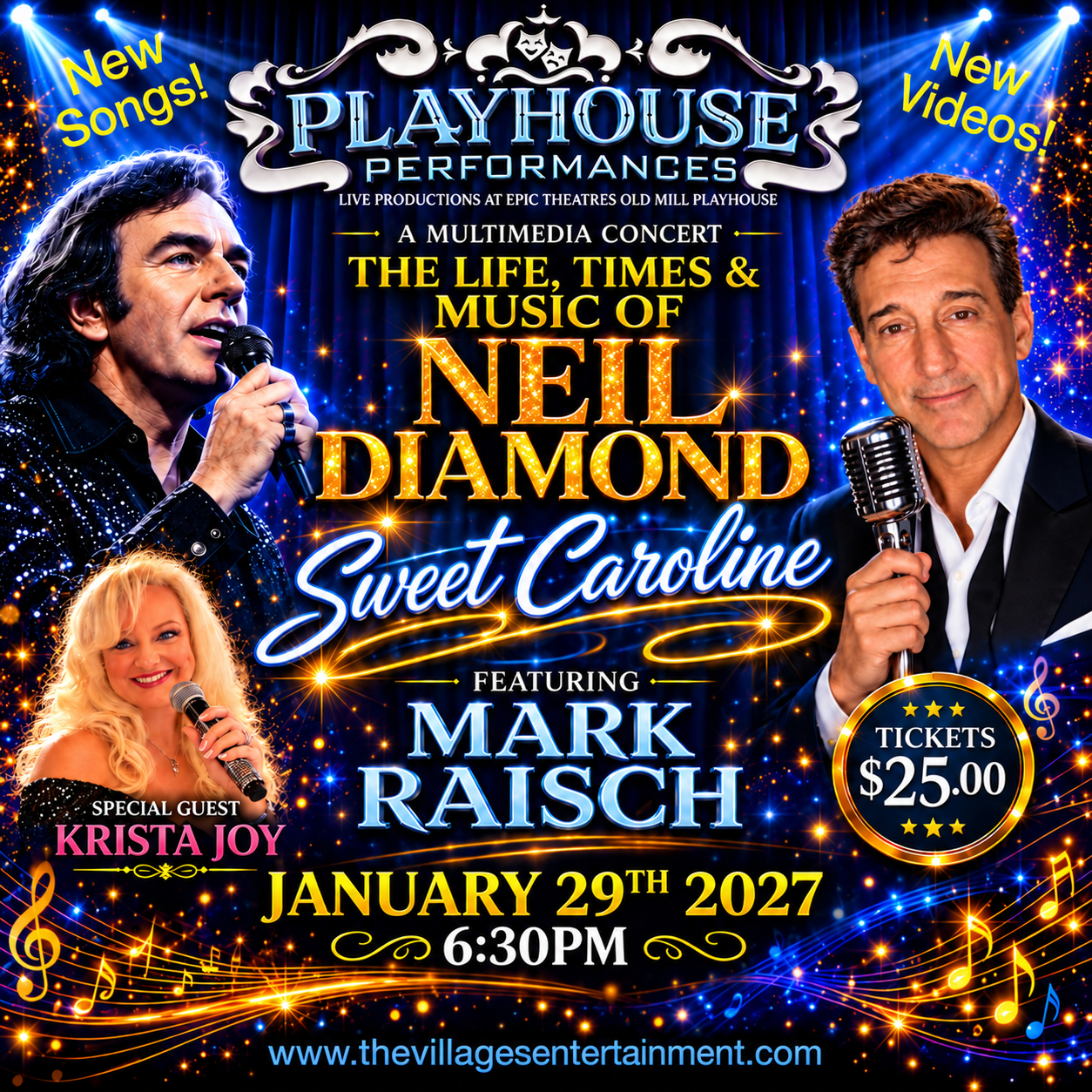 Promotional poster for Sweet Caroline The Life Times & Music of Neil Diamond Multimedia Concert at Playhouse Performances. Pictured are singers, microphones, colorful lights. It reads "Sweet Caroline The Life Times & Music of Neil Diamond Multimedia Concert Featuring Mark Raish and Special Guest Krista Joy."
