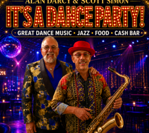 Promotional poster for It's A Dance Party at Playhouse Performances. Two performers are pictured smiling and wearing cool suit jackets. Behind them is a pink and blue neon dance floor with a disco ball to the left. The title is above them.
