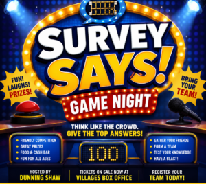 Promotional poster for "Survey Says!" The background is a game show setting with a buzzer and a microphone.