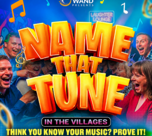 Promotional poster for Wand Presents - Name That Tune. People are pictured smiling and laughing behind the title in front of a blue background with music notes.