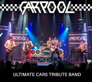 Photo of the band rocking out on stage under colorful stage lights. The title "Carpool, The Ultimate Cars Tribute Band" is written on the image.