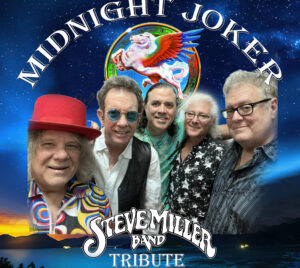 Promotional image for Midnight Joker, featuring the band members in front of a unicorn with rainbow wings and a sunset over the water.