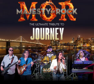 Picture of the band overlaying a city landscape. The title "Majesty Of Rock" is overlaying the letters MOR on fire. "The Ultimate Tribute To Journey" is written in the middle.