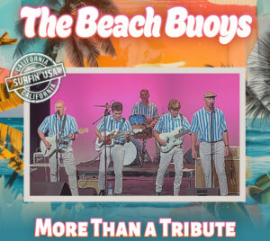 Photo of the band playing instruments on stage wearing matching striped shirts. They're in front of a pink background. The image of the band is inside of a rectangle surrounded by a colorful beach background.
