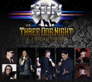 The design features a dark, ornate patterned background with a glowing full moon at the top. Large metallic letters read “3DN,” with silhouettes of three wolves howling in front of the moon. Below, stylized gold text reads “The Three Dog Night Experience.” Along the bottom is a horizontal row of performance photos showing multiple musicians on stage holding microphones and instruments under concert lighting. The overall look combines classic rock imagery with a dramatic nighttime theme.