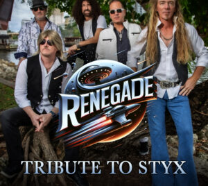 Five band members pose outdoors near trees and water, wearing casual rock‑style clothing including vests, button‑down shirts, jeans, and boots. A large, futuristic logo reading “Renegade” with a metallic, spaceship‑inspired design appears at the center of the image. At the bottom, bold text reads “Tribute to Styx.”