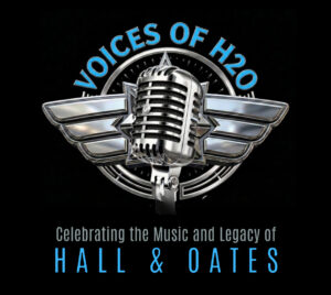 Promotional poster for Voices Of H2O - Celebrating The Music and Legacy of Hall & Oates at Savannah Center. A metallic microphone is centered over a black background, overlaying a metallic circle. Curved over the top of the circle in blue it reads "Voices of H20." Below the microphone it reads "Celebrating the Music and Legacy of Hall & Oates."