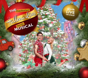 Promotional poster for The Unauthorized Hallmark(ish) Parody Musical. Two performers are pictured in front of a Christmas tree, smiling excitedly at the camera. The background is a Christmas wonderland scene, with the border being a wreath. The title is written on a red ornament in the left corner.
