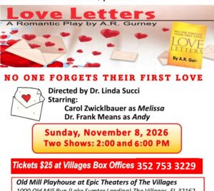 Promotional poster for Love Letters at Playhouse Performances. Pictured are multiple red hearts and letters.