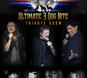 The design features a dark, ornate patterned background with a glowing full moon at the top. Large metallic letters read “3DN,” with silhouettes of three wolves howling in front of the moon. Below, stylized gold text reads “The Ultimate 3 Dog Nite Tribute Show.” Along the bottom is a horizontal row of performance photos showing multiple musicians on stage holding microphones and instruments under concert lighting. The overall look combines classic rock imagery with a dramatic nighttime theme.