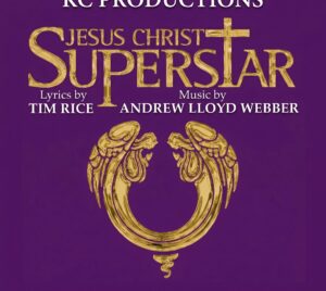 Promotional poster for Jesus Christ Superstar. The background is purple and two gold angels are pictured praying with their heads bowed and wings on their back. They are connected in a circular form at the bottom. The title is written in gold above it. Under the title in white it reads "Lyrics by Tim Rice" and "Music by Andrew Lloyd Webber." At the top of the image it says "KC Productions."